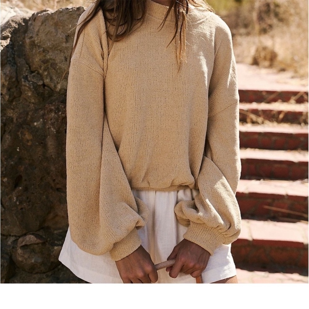Free People Beach Gold Rush Henley sweater balloon sleeve oversized crew neck xs